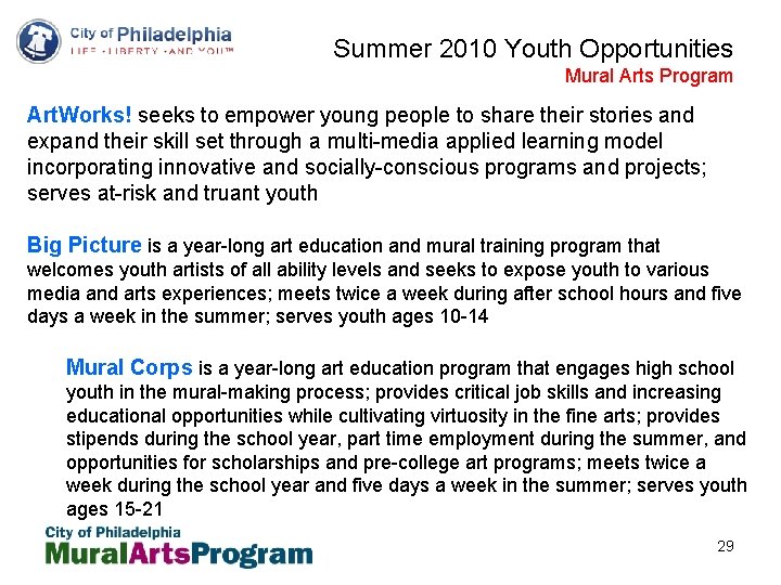 Summer 2010 Youth Opportunities Mural Arts Program Art. Works! seeks to empower young people