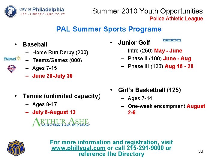 Summer 2010 Youth Opportunities Police Athletic League PAL Summer Sports Programs • Junior Golf