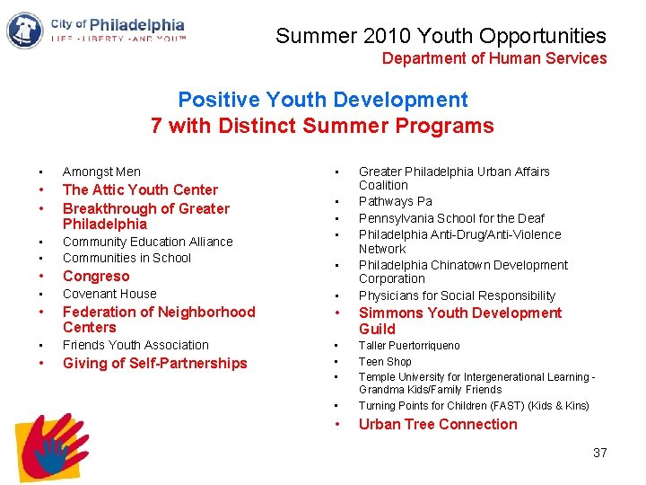 Summer 2010 Youth Opportunities Department of Human Services Positive Youth Development 7 with Distinct