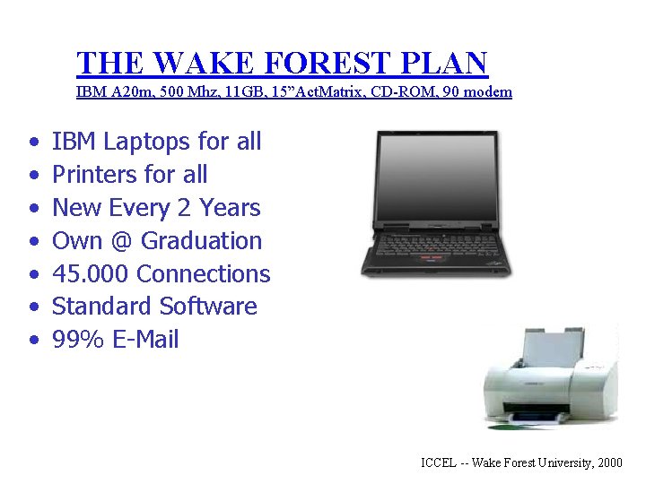 THE WAKE FOREST PLAN IBM A 20 m, 500 Mhz, 11 GB, 15”Act. Matrix,