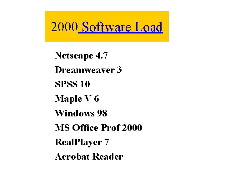 2000 Software Load Netscape 4. 7 Dreamweaver 3 SPSS 10 Maple V 6 Windows