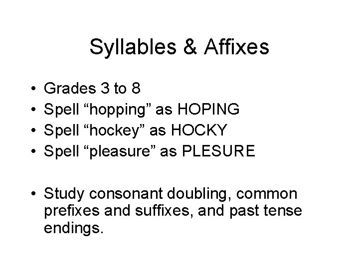 Syllables & Affixes • • Grades 3 to 8 Spell “hopping” as HOPING Spell