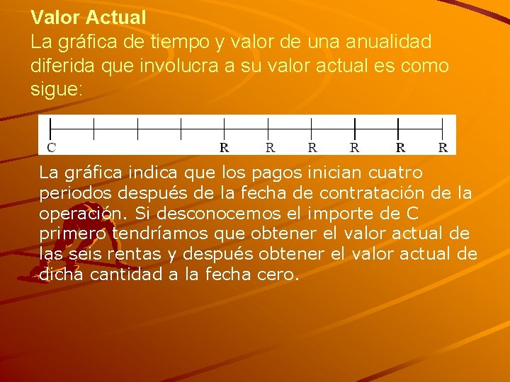 Valor Actual La gráfica de tiempo y valor de una anualidad diferida que involucra Valor Actual La gráfica de tiempo y valor de una anualidad diferida que involucra