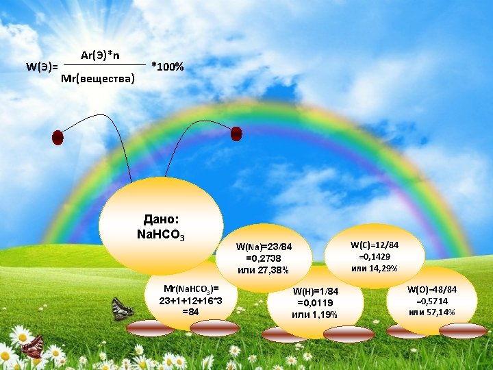 W(Э)= Ar(Э)*n Mr(вещества) *100% Дано: Na. HCO 3 Mr(Na. HCO 3)= 23+1+12+16*3 =84 W(Na)=23/84