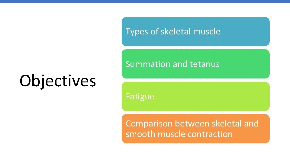 Types of skeletal muscle Objectives Summation and tetanus Fatigue Comparison between skeletal and smooth