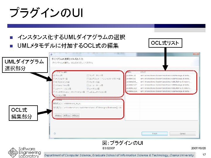 プラグインのUI インスタンス化するUMLダイアグラムの選択 n UMLメタモデルに付加するOCL式の編集 n OCL式リスト UMLダイアグラム 選択部分 OCL式 編集部分 図：プラグインのUI ESS 2007/10/20 Department