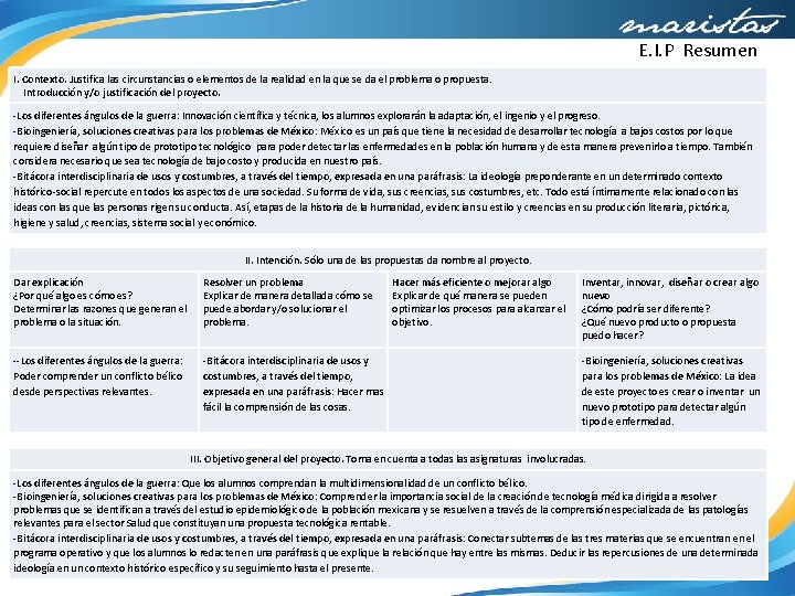 E. I. P Resumen I. Contexto. Justifica las circunstancias o elementos de la realidad