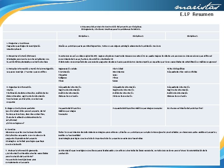 E. I. P Resumen V. Esquema del proceso de construcción del proyecto por disciplinas.