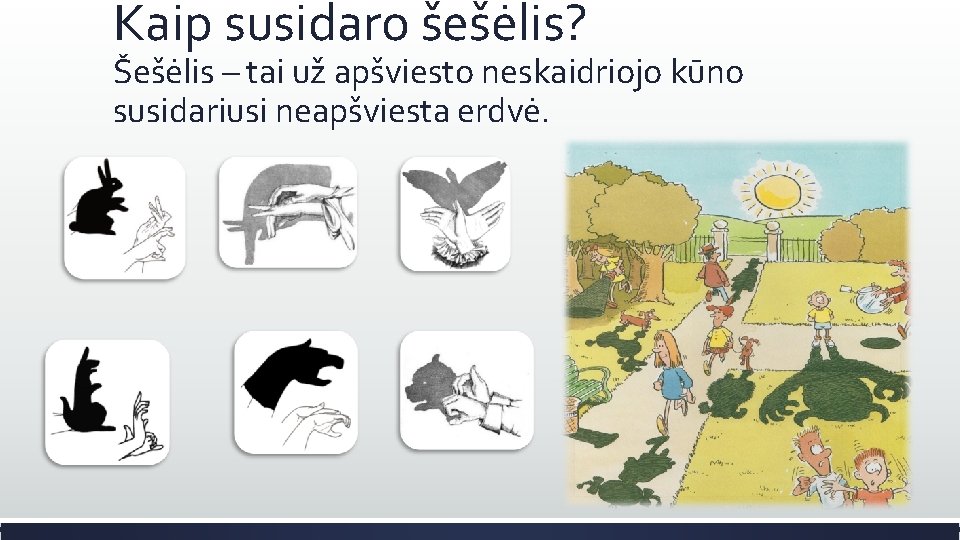 Kaip susidaro šešėlis? Šešėlis – tai už apšviesto neskaidriojo kūno susidariusi neapšviesta erdvė. 