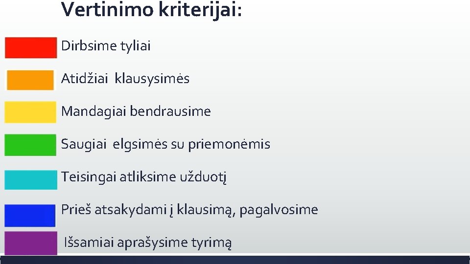 Vertinimo kriterijai: Dirbsime tyliai Atidžiai klausysimės Mandagiai bendrausime Saugiai elgsimės su priemonėmis Teisingai atliksime