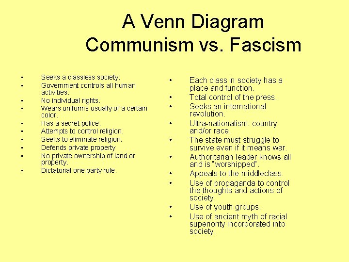 A Venn Diagram Communism vs. Fascism • • • Seeks a classless society. Government