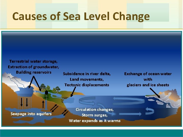 Causes of Sea Level Change Terrestrial water storage, Extraction of groundwater, Building reservoirs Subsidence Causes of Sea Level Change Terrestrial water storage, Extraction of groundwater, Building reservoirs Subsidence