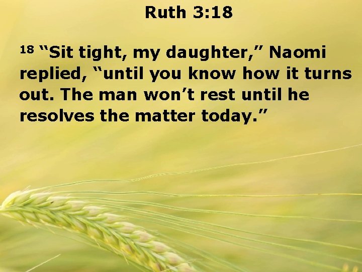 Ruth 3: 18 “Sit tight, my daughter, ” Naomi replied, “until you know how