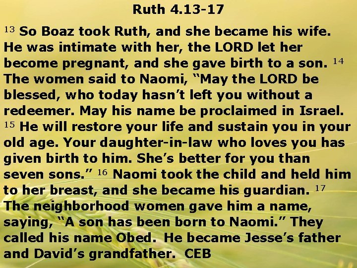 Ruth 4. 13 -17 So Boaz took Ruth, and she became his wife. He