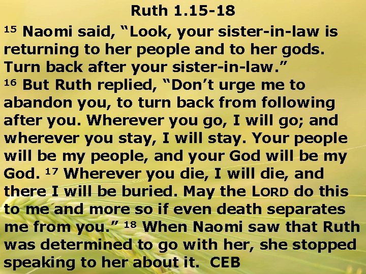 Ruth 1. 15 -18 15 Naomi said, “Look, your sister-in-law is returning to her