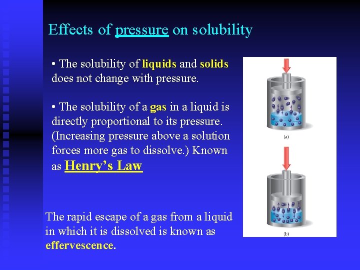 Effects of pressure on solubility • The solubility of liquids and solids does not