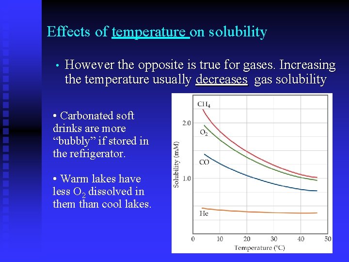 Effects of temperature on solubility • However the opposite is true for gases. Increasing