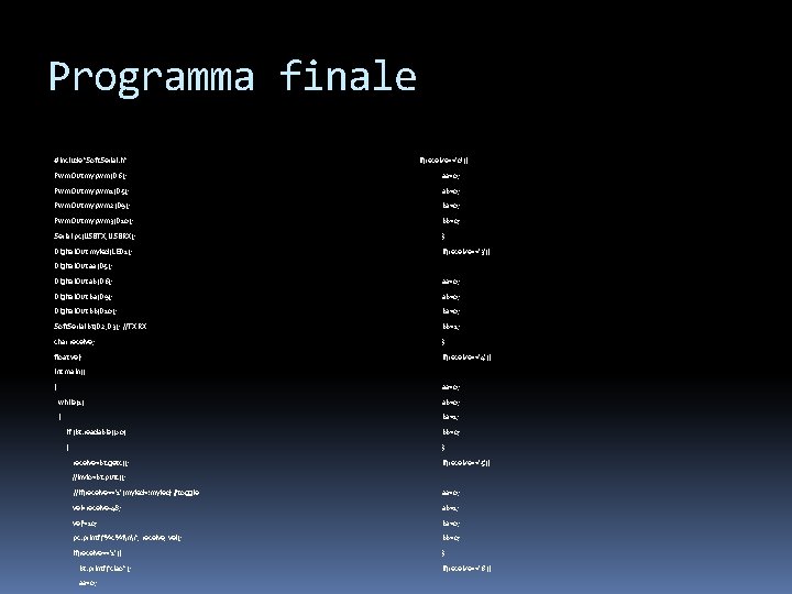 Programma finale #include "Soft. Serial. h" if(receive=='0'){ Pwm. Out mypwm(D 6); aa=0; Pwm. Out