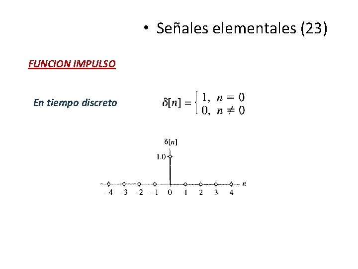 • Señales elementales (23) FUNCION IMPULSO En tiempo discreto • Señales elementales (23) FUNCION IMPULSO En tiempo discreto