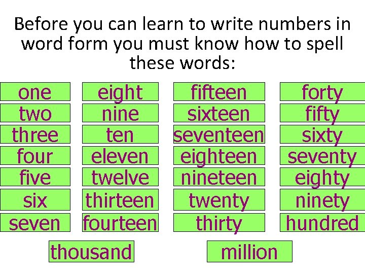 Before you can learn to write numbers in word form you must know how