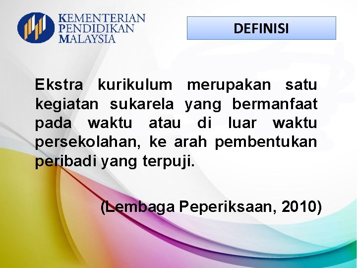 DEFINISI Ekstra kurikulum merupakan satu kegiatan sukarela yang bermanfaat pada waktu atau di luar