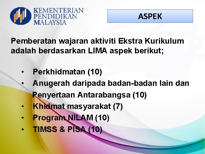 ASPEK Pemberatan wajaran aktiviti Ekstra Kurikulum adalah berdasarkan LIMA aspek berikut; • • •