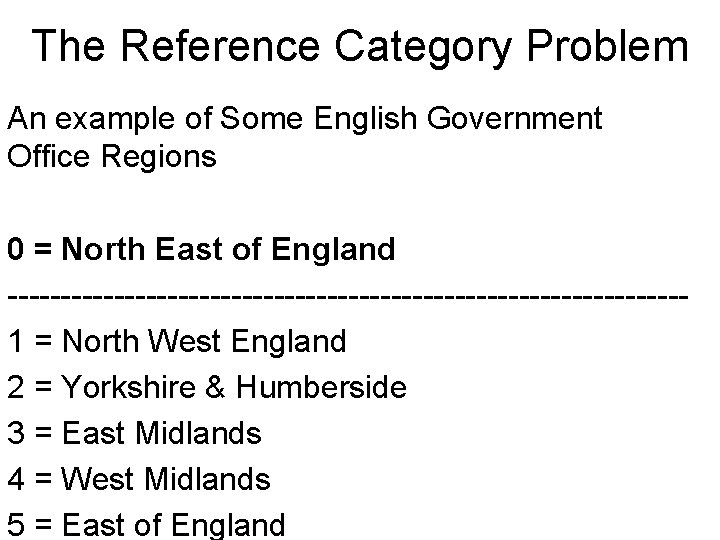 The Reference Category Problem An example of Some English Government Office Regions 0 =