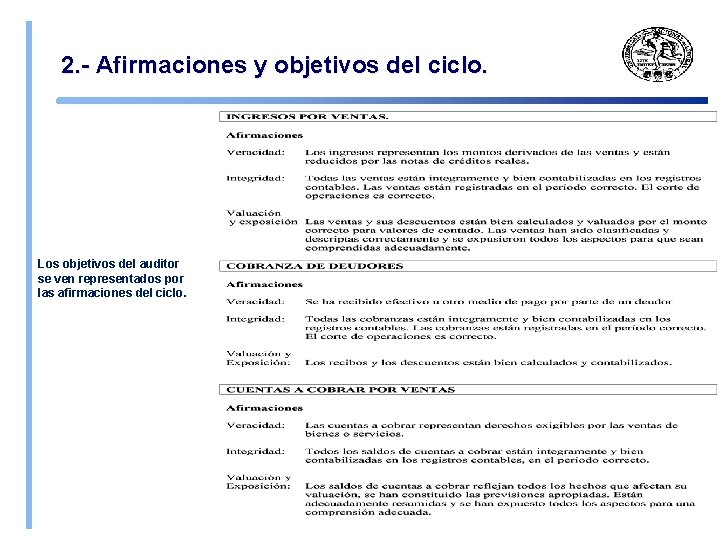 2. - Afirmaciones y objetivos del ciclo. Los objetivos del auditor se ven representados