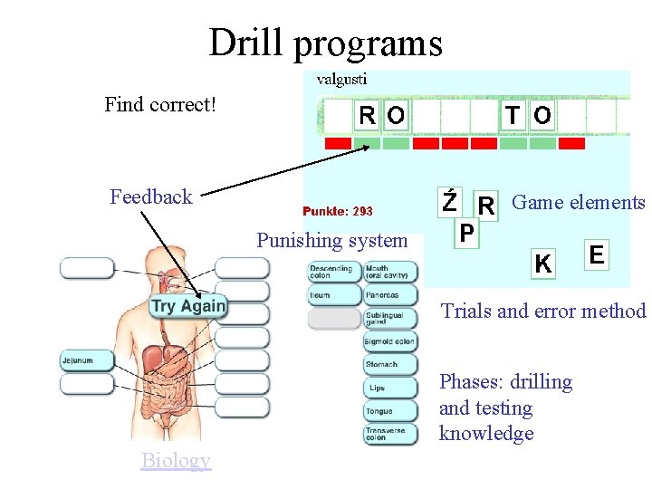 Drill programs Find correct! Feedback Game elements Punishing system Trials and error method Phases: