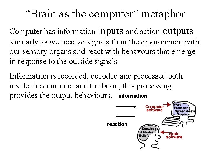 “Brain as the computer” metaphor Computer has information inputs and action outputs similarly as