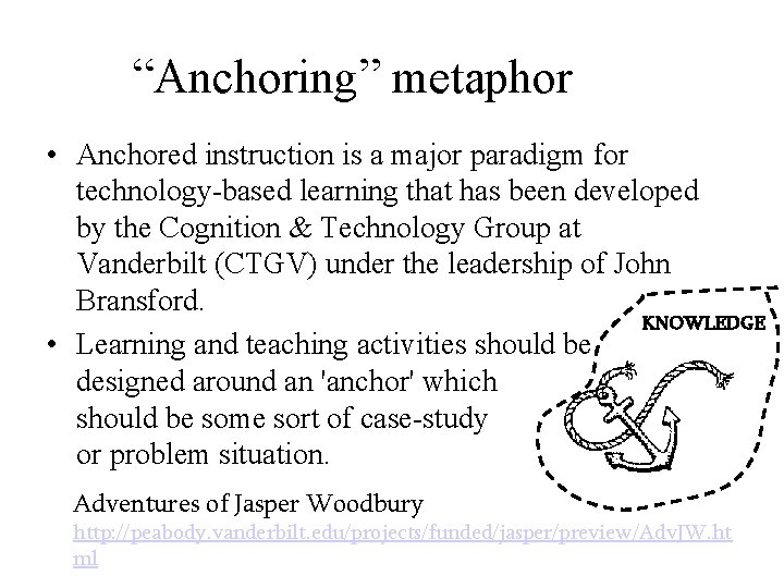 “Anchoring” metaphor • Anchored instruction is a major paradigm for technology-based learning that has