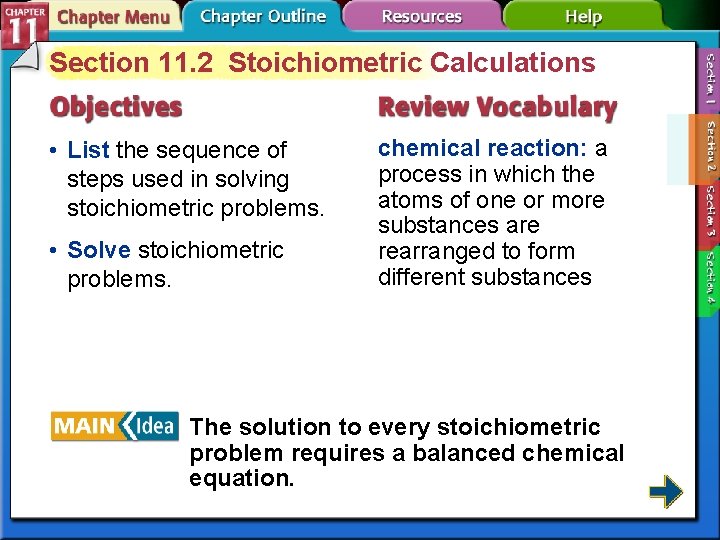 Section 11. 2 Stoichiometric Calculations • List the sequence of steps used in solving