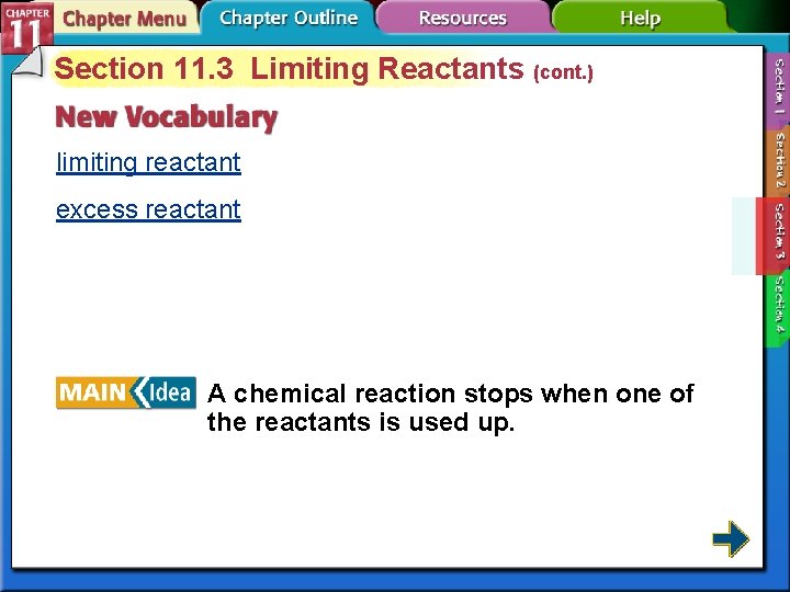 Section 11. 3 Limiting Reactants (cont. ) limiting reactant excess reactant A chemical reaction