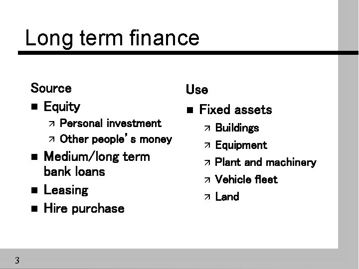 Long term finance Source n Equity ä ä n n n 3 Personal investment