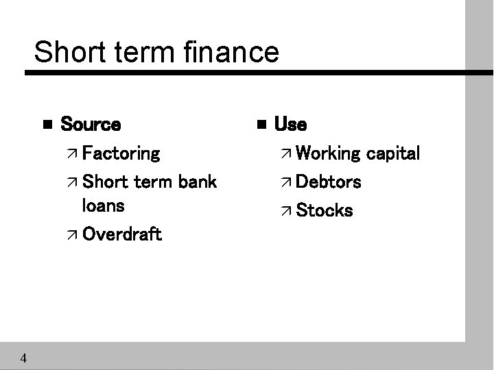 Short term finance n 4 Source ä Factoring ä Short term bank loans ä