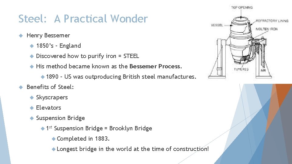 Steel: A Practical Wonder Henry Bessemer 1850’s – England Discovered how to purify iron