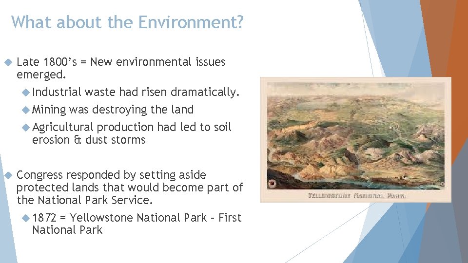 What about the Environment? Late 1800’s = New environmental issues emerged. Industrial waste had