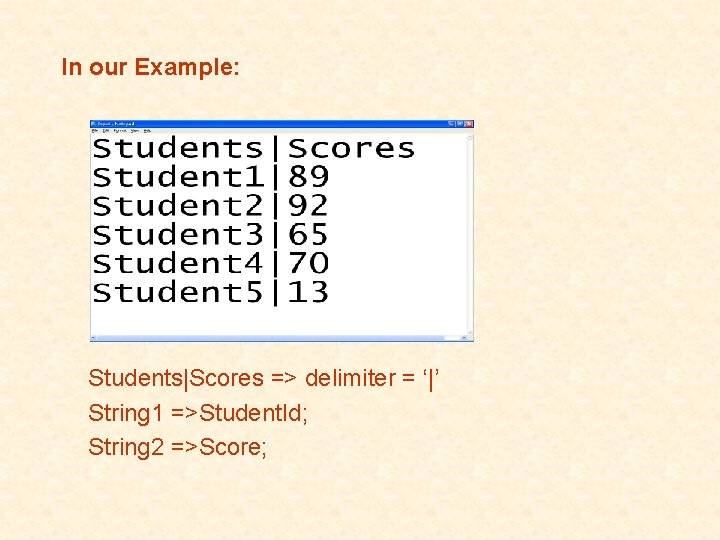 In our Example: Students|Scores => delimiter = ‘|’ String 1 =>Student. Id; String 2 In our Example: Students|Scores => delimiter = ‘|’ String 1 =>Student. Id; String 2