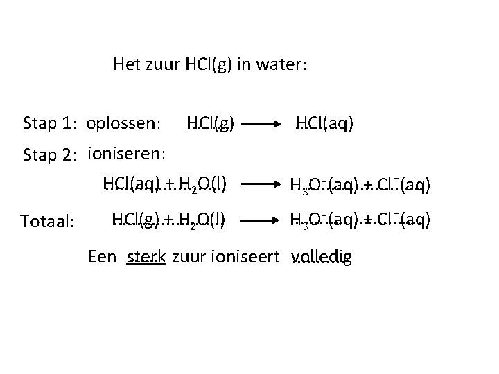 Het zuur HCl(g) in water: Stap 1: oplossen: HCl(g). . . . . HCl(aq)