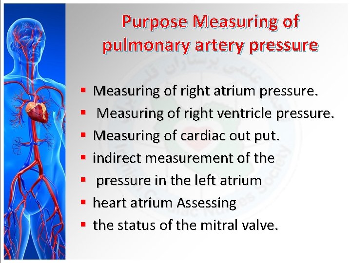 Purpose Measuring of pulmonary artery pressure § § § § Measuring of right atrium