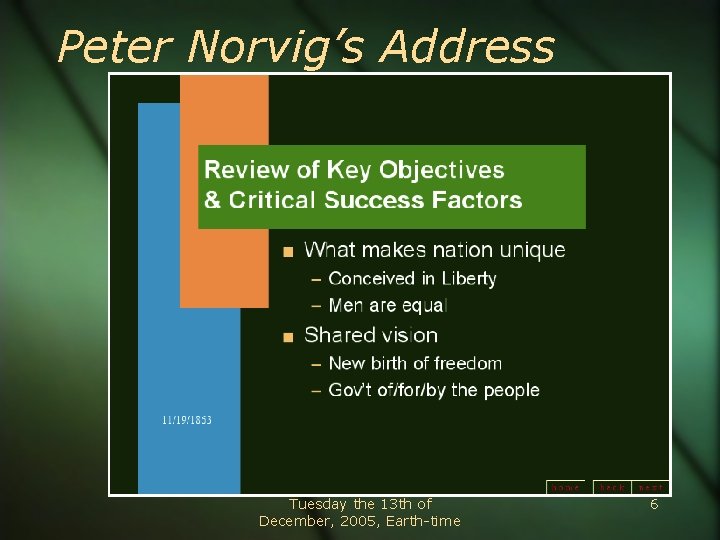 Peter Norvig’s Address Tuesday the 13 th of December, 2005, Earth-time 6 
