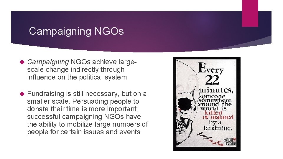 Campaigning NGOs achieve largescale change indirectly through influence on the political system. Fundraising is