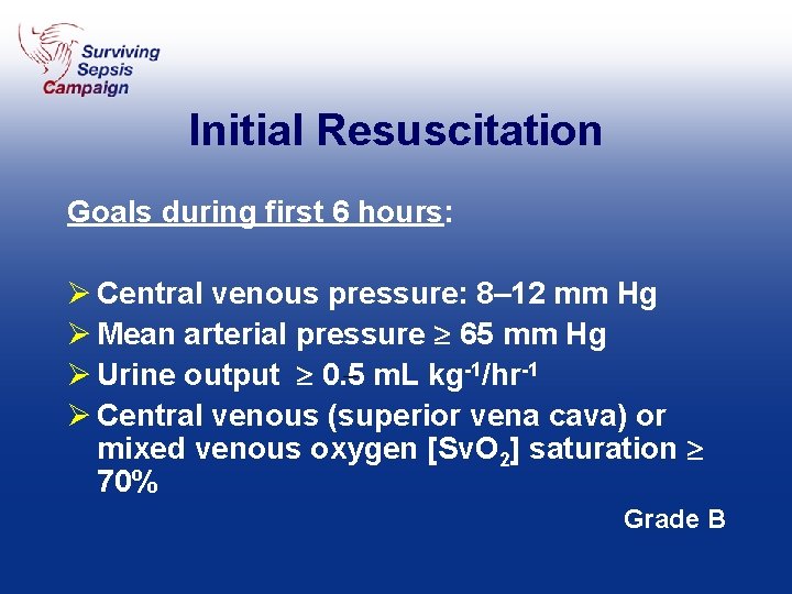 Initial Resuscitation Goals during first 6 hours: Ø Central venous pressure: 8– 12 mm