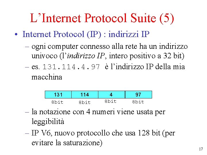 L’Internet Protocol Suite (5) • Internet Protocol (IP) : indirizzi IP – ogni computer
