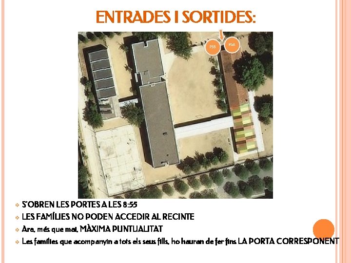 ENTRADES I SORTIDES: ❖ S’OBREN LES PORTES A LES 8: 55 ❖ LES FAMÍLIES