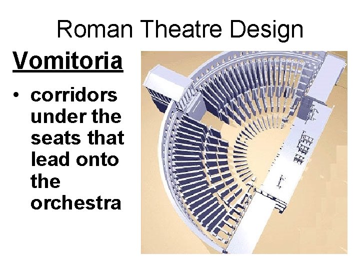 Roman Theatre Design Vomitoria • corridors under the seats that lead onto the orchestra