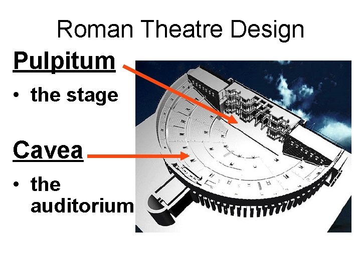 Roman Theatre Design Pulpitum • the stage Cavea • the auditorium 