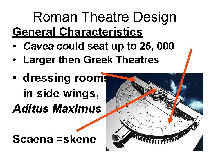 Roman Theatre Design General Characteristics • Cavea could seat up to 25, 000 •