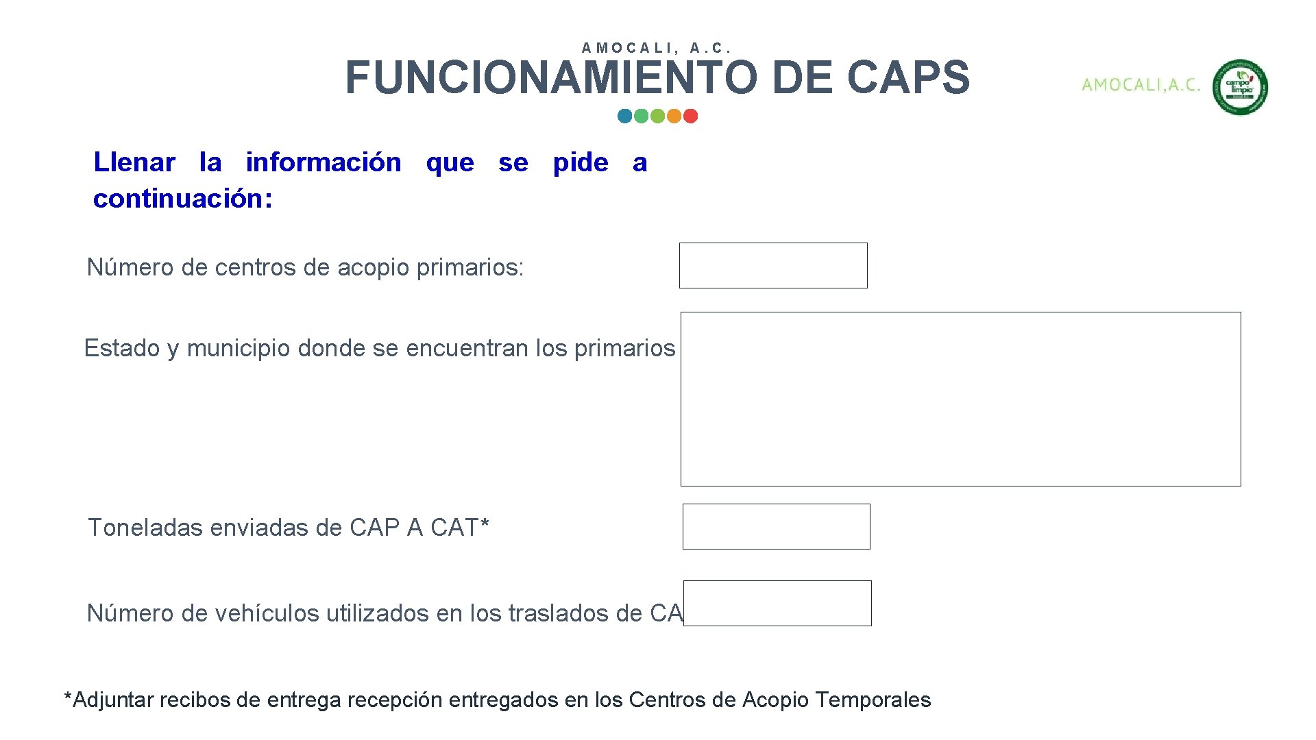 AMOCALI, A. C. FUNCIONAMIENTO DE CAPS Llenar la información que se pide a continuación: