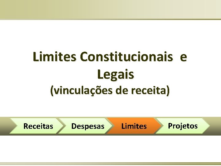 Limites Constitucionais e Legais (vinculações de receita) Receitas Despesas Limites Projetos 